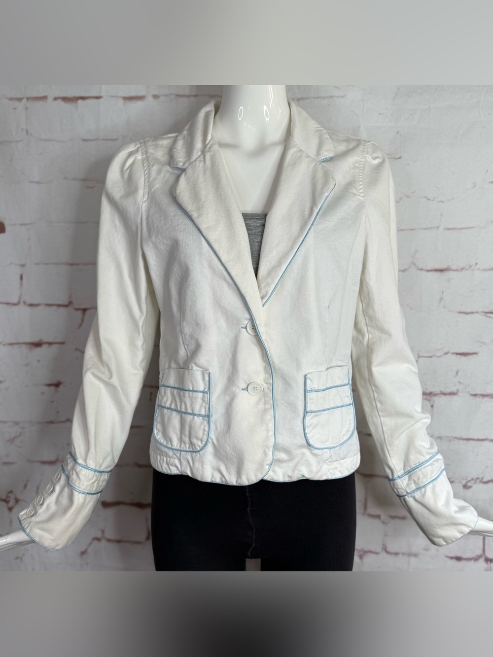 Y2K VINTAGE JUICY COUTURE JEANS White Twill Blue Piping Blazer Jacket Size XL - Picture 5 of 15